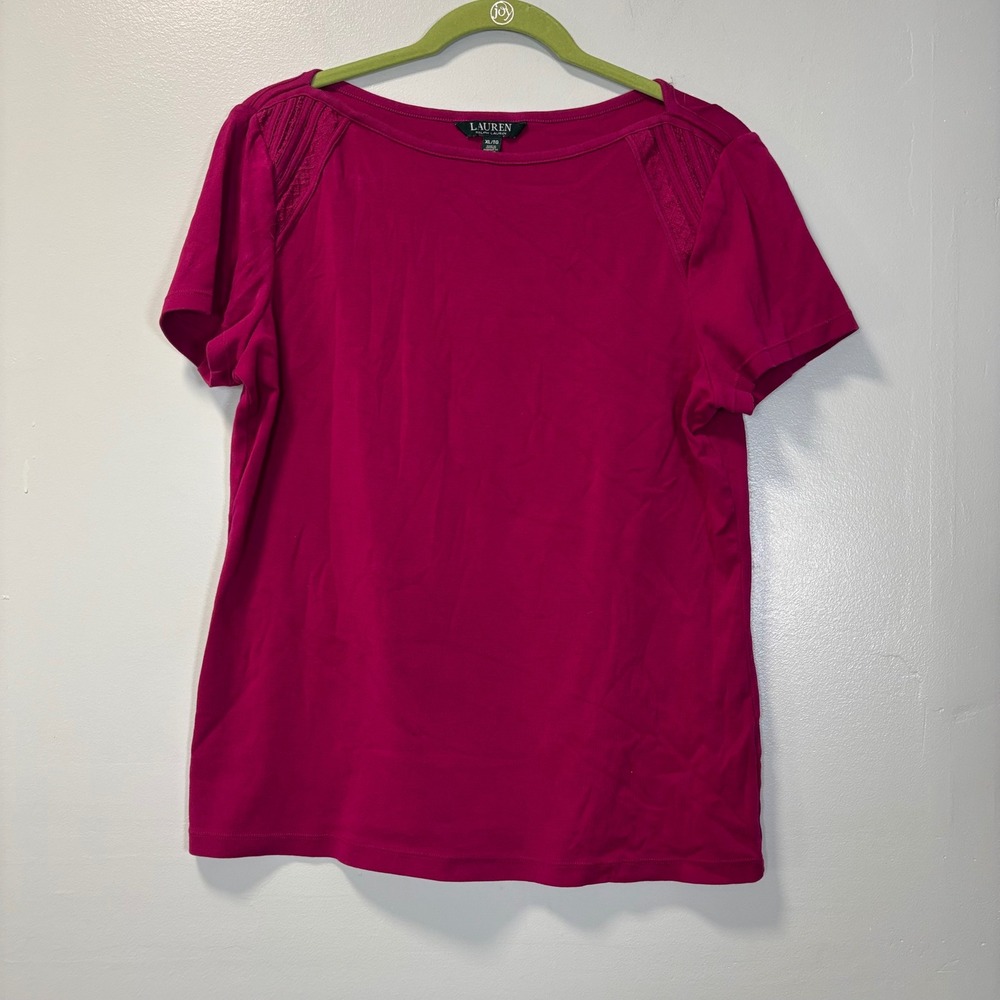 Lauren Ralph Lauren Pink Lace Shoulder Short Sleeve Boat Neck Top XL 11905